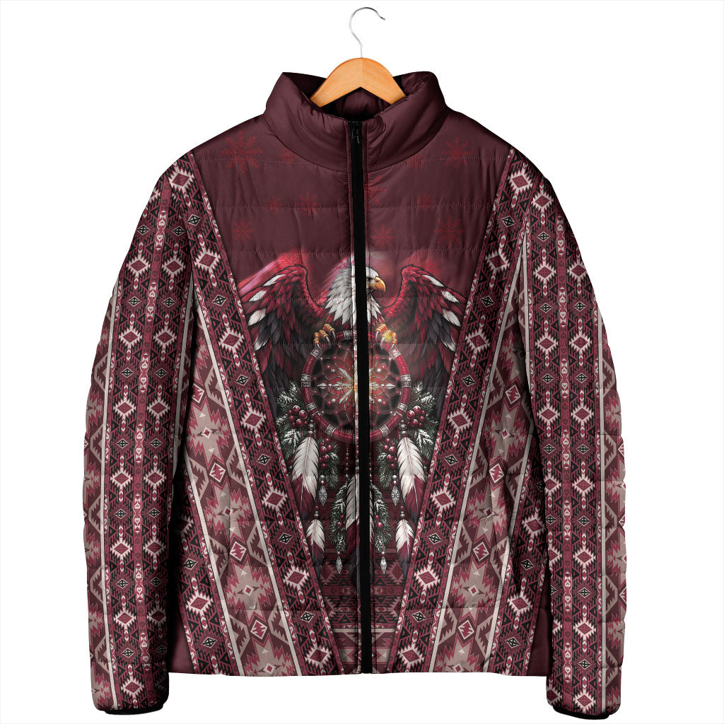 Burgundy Native American Christmas Padded Jacket Bald Eagle Dreamcatcher Southwestern