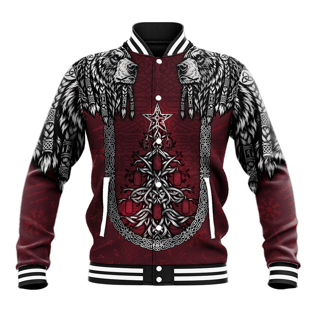 Burgundy Viking Christmas Baseball Jacket Tree Viking Xmas Bear Warrior