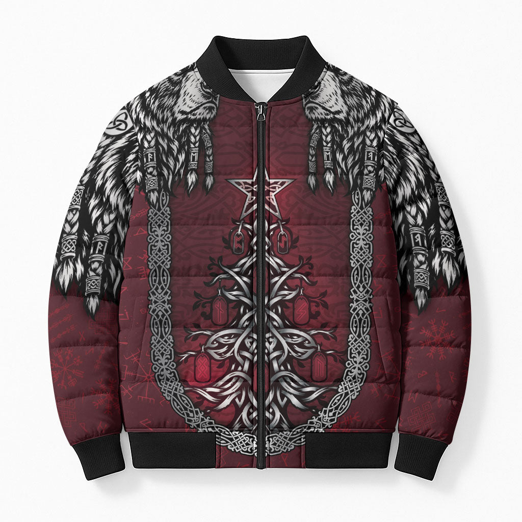 Burgundy Viking Christmas Bomber Puffer Jacket Tree Viking Xmas Bear Warrior