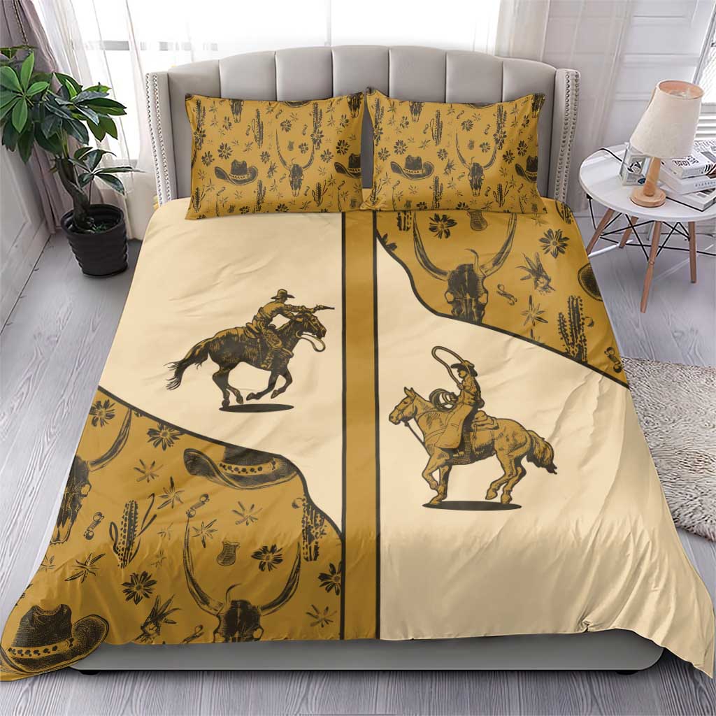 Beige western cowboy bedding set featuring riding-horse and saddle print on duvet and pillows