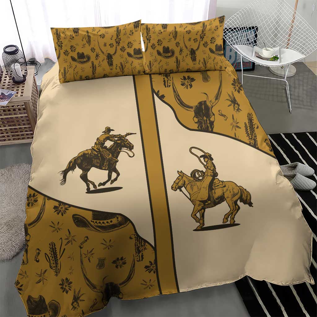 Beige western cowboy bedding set with horse rider graphic and bordered patchwork panels