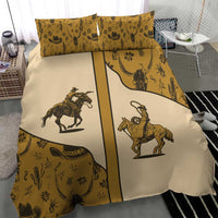 Beige western cowboy bedding set with horse rider graphic and bordered patchwork panels