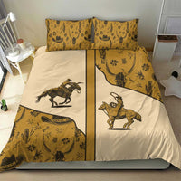 Beige western cowboy bedding set with horse rider, cactus, and cowboy boot motifs