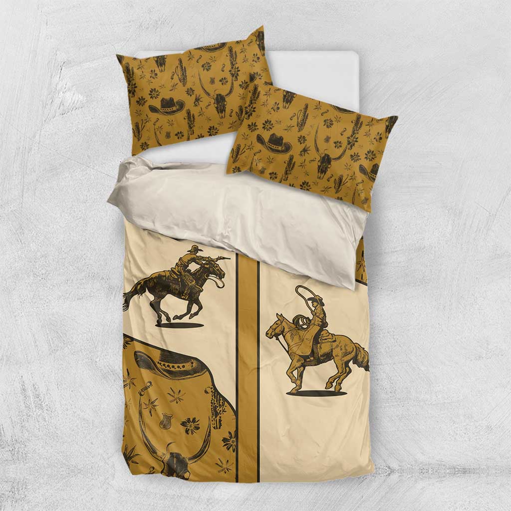 Beige western cowboy bedding set with matching pillowcases and horse rider center panel