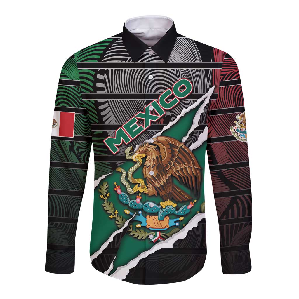 Personalized Mexico Long Sleeve Button Shirt Mexican Patriotic Eagle Emblem - Fierce National Pride - Wonder Print Shop