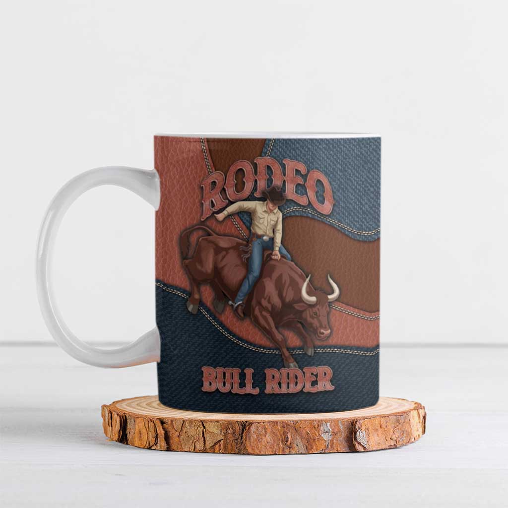 Bull Riding Ceramic Mug Western Cowboy Denim And Leather Effect