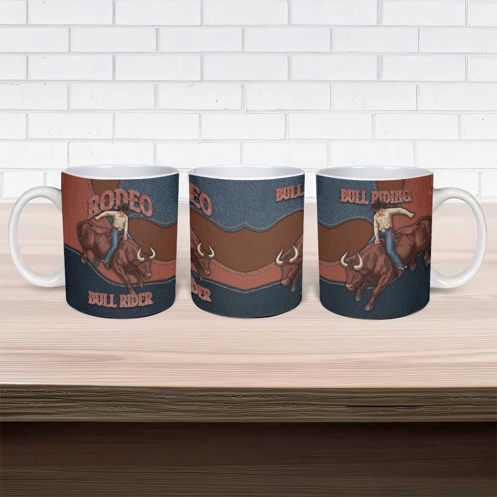 Bull Riding Ceramic Mug Western Cowboy Denim And Leather Effect