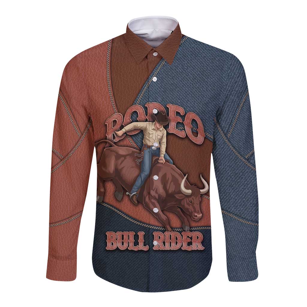 Bull Riding Long Sleeve Button Shirt Western Cowboy Denim And Leather Effect