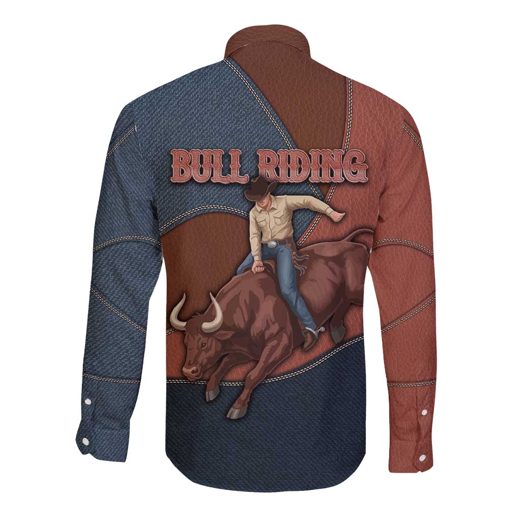 Bull Riding Long Sleeve Button Shirt Western Cowboy Denim And Leather Effect