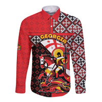 Personalized Georgia Long Sleeve Button Shirt Saint George Dragon Slayer Folk Pattern