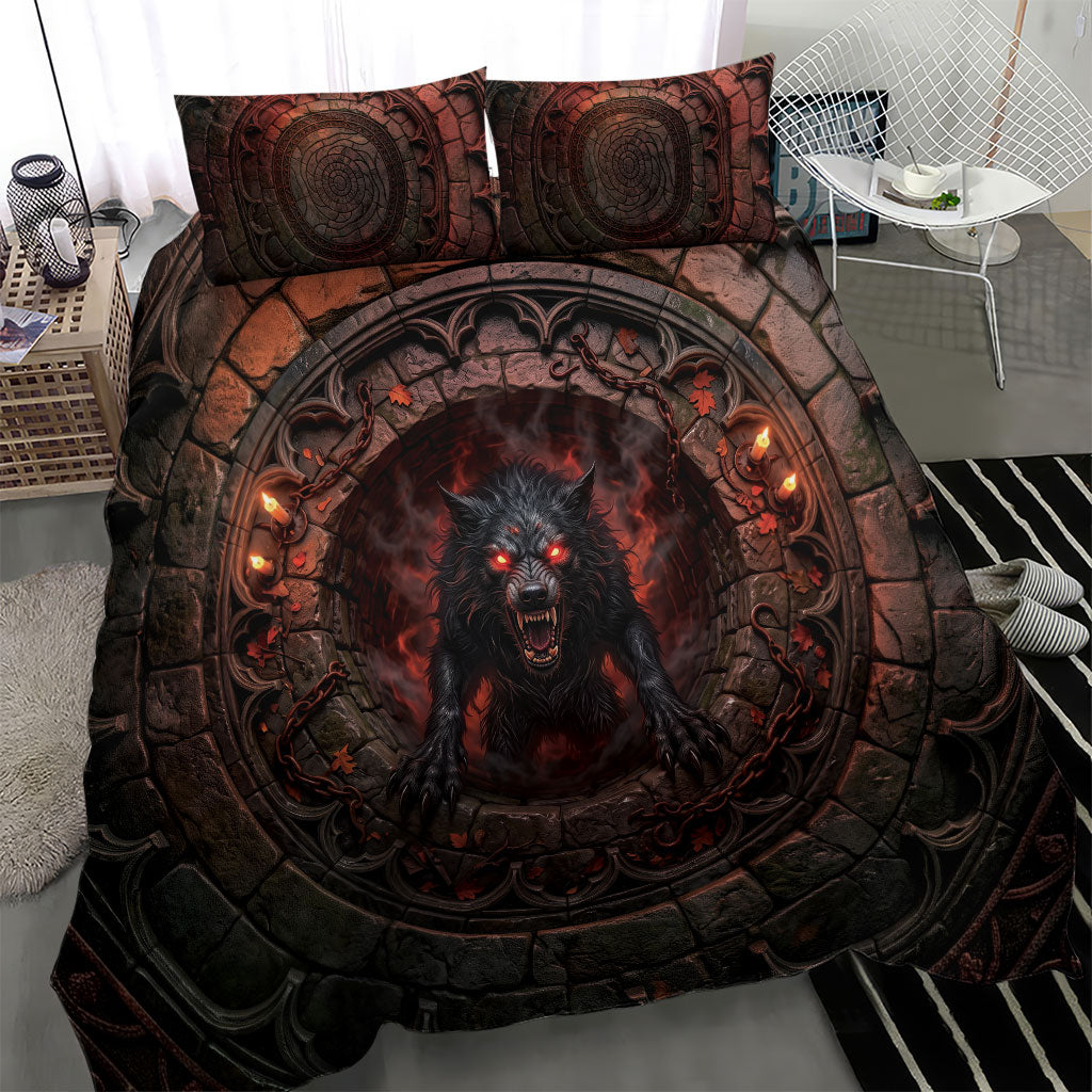 3D Illusion Black Shuck Halloween Bedding Set Spectral Hellhound Chained Stone Well