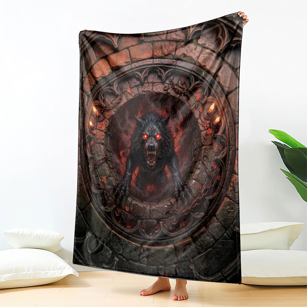 3D Illusion Black Shuck Halloween Blanket Spectral Hellhound Chained Stone Well