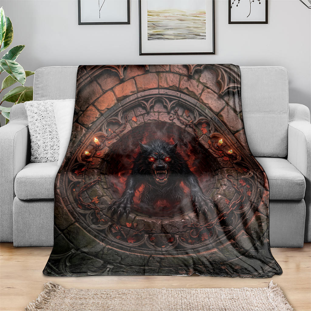 3D Illusion Black Shuck Halloween Blanket Spectral Hellhound Chained Stone Well