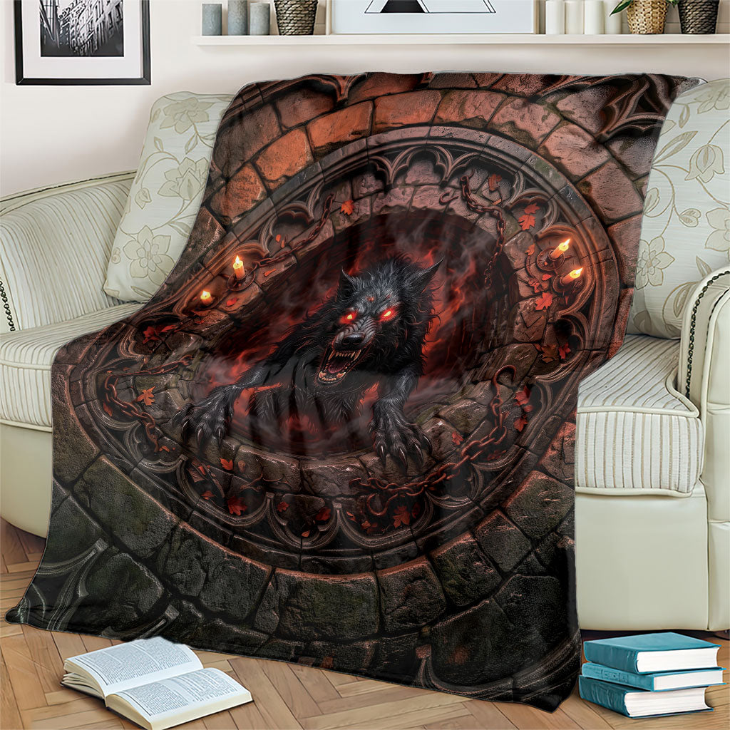 3D Illusion Black Shuck Halloween Blanket Spectral Hellhound Chained Stone Well