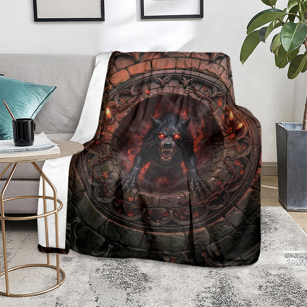 3D Illusion Black Shuck Halloween Blanket Spectral Hellhound Chained Stone Well