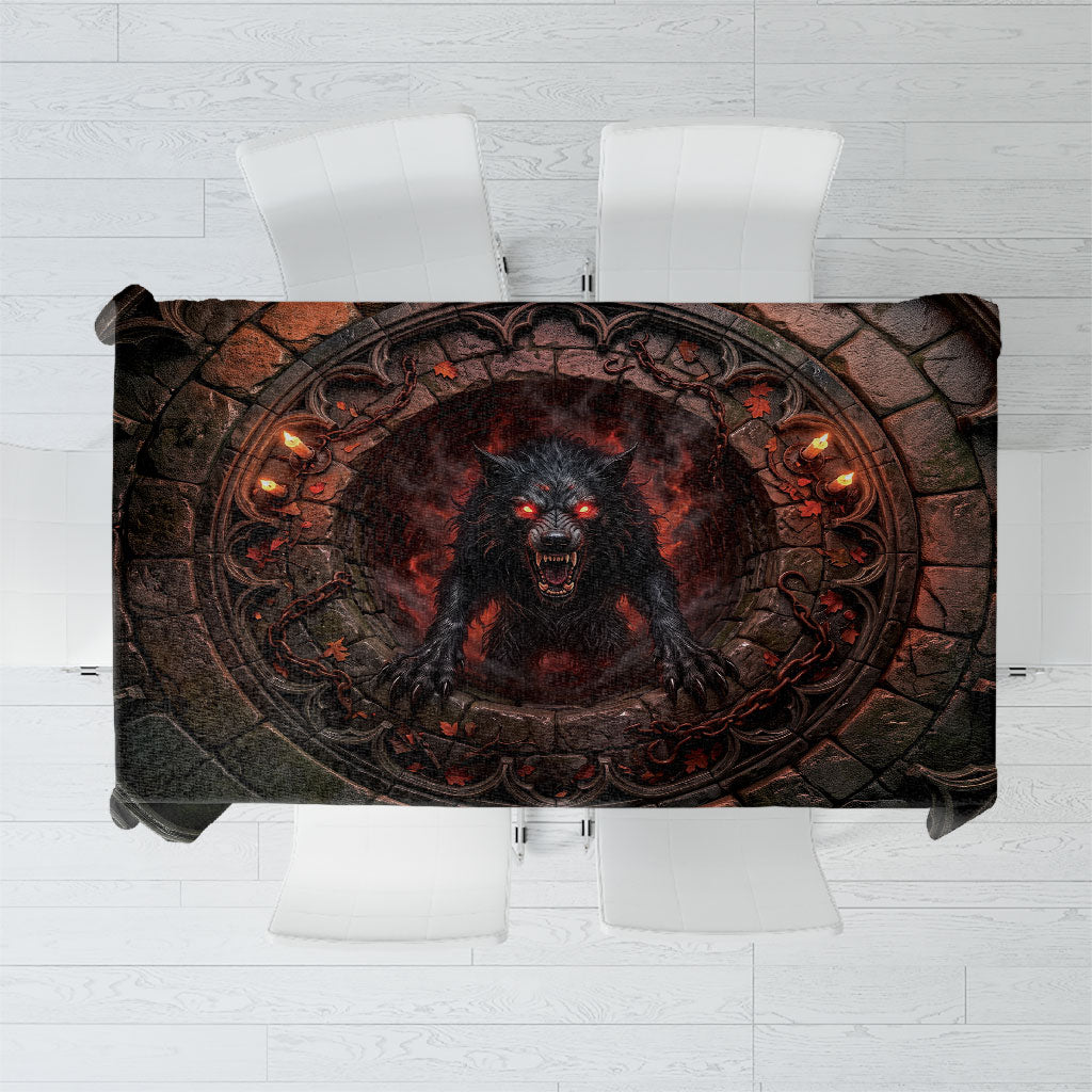 3D Illusion Black Shuck Halloween Tablecloth Spectral Hellhound Chained Stone Well