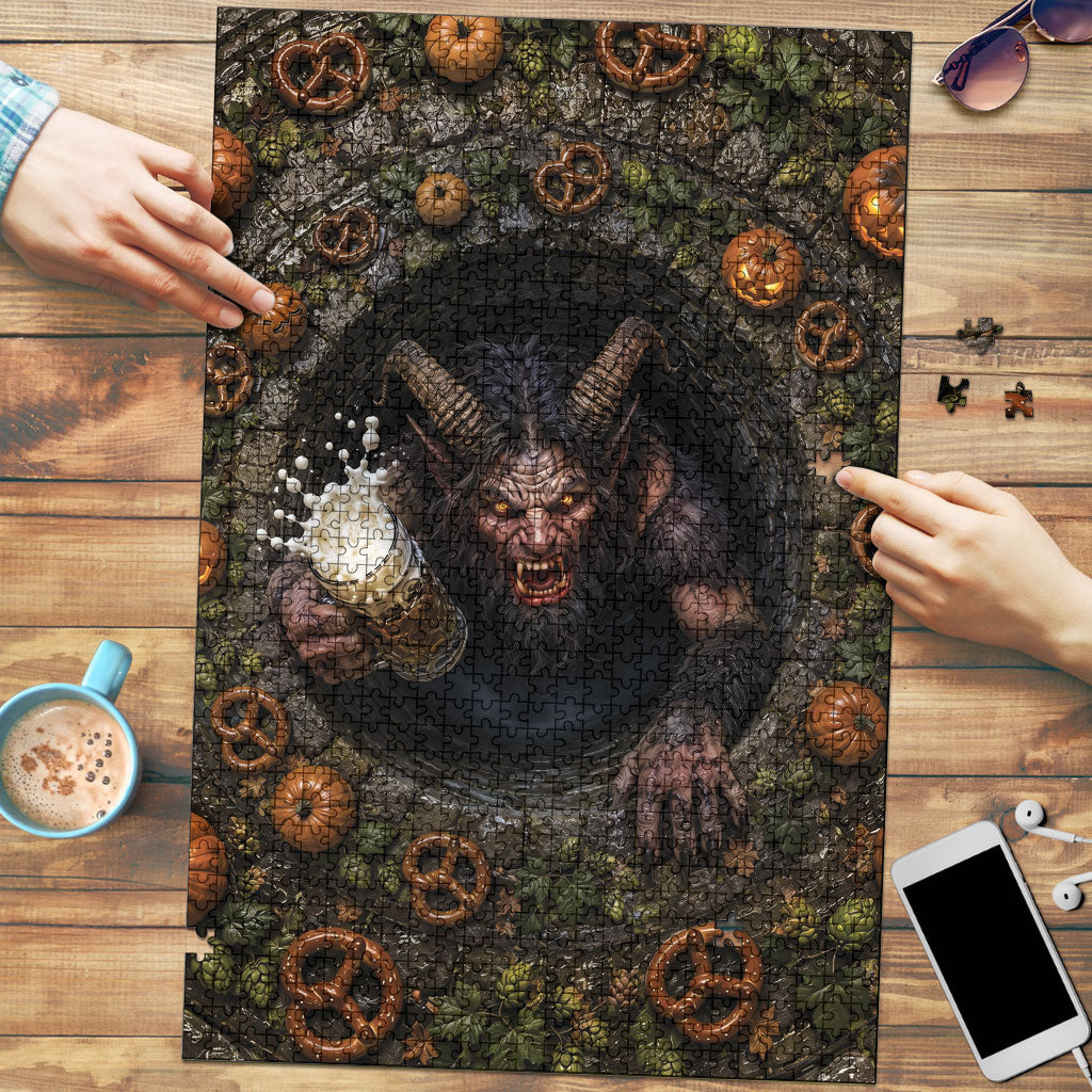 3D Illusion Krampus Halloween Puzzle Oktoberfest Horned Beast Beer Stone Well
