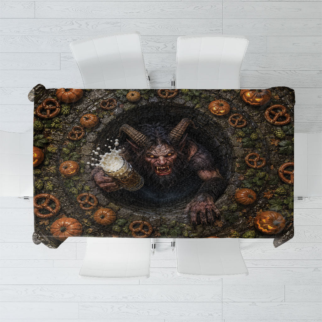 3D Illusion Krampus Halloween Tablecloth Oktoberfest Horned Beast Beer Stone Well