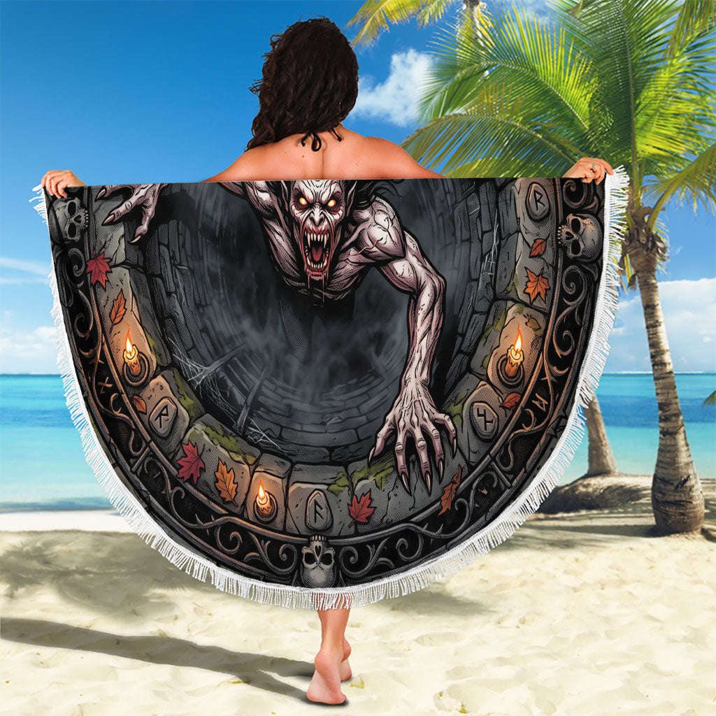 3D Illusion Strzyga Halloween Beach Blanket Slavic Vampire Rune Stone Well