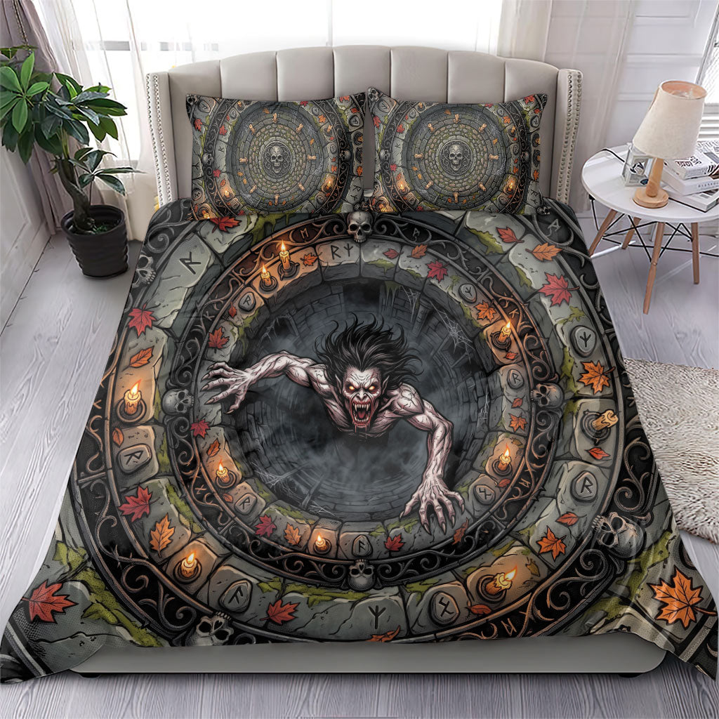 3D Illusion Strzyga Halloween Bedding Set Slavic Vampire Rune Stone Well