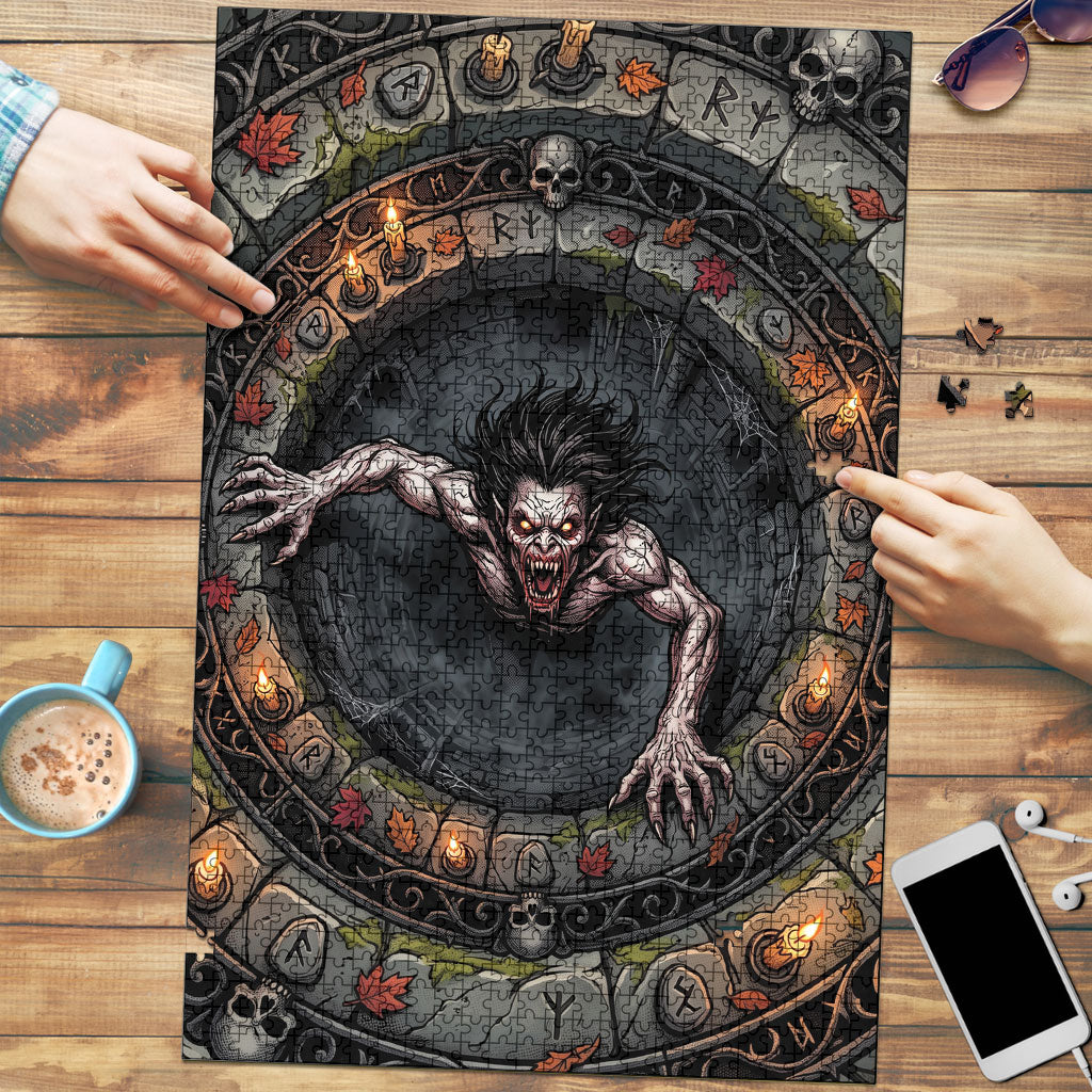3D Illusion Strzyga Halloween Puzzle Slavic Vampire Rune Stone Well