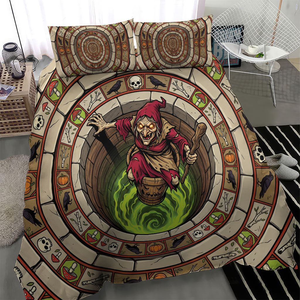 3D Illusion Baba Yaga Halloween Bedding Set Slavic Witch Flying Mortar Stone Well