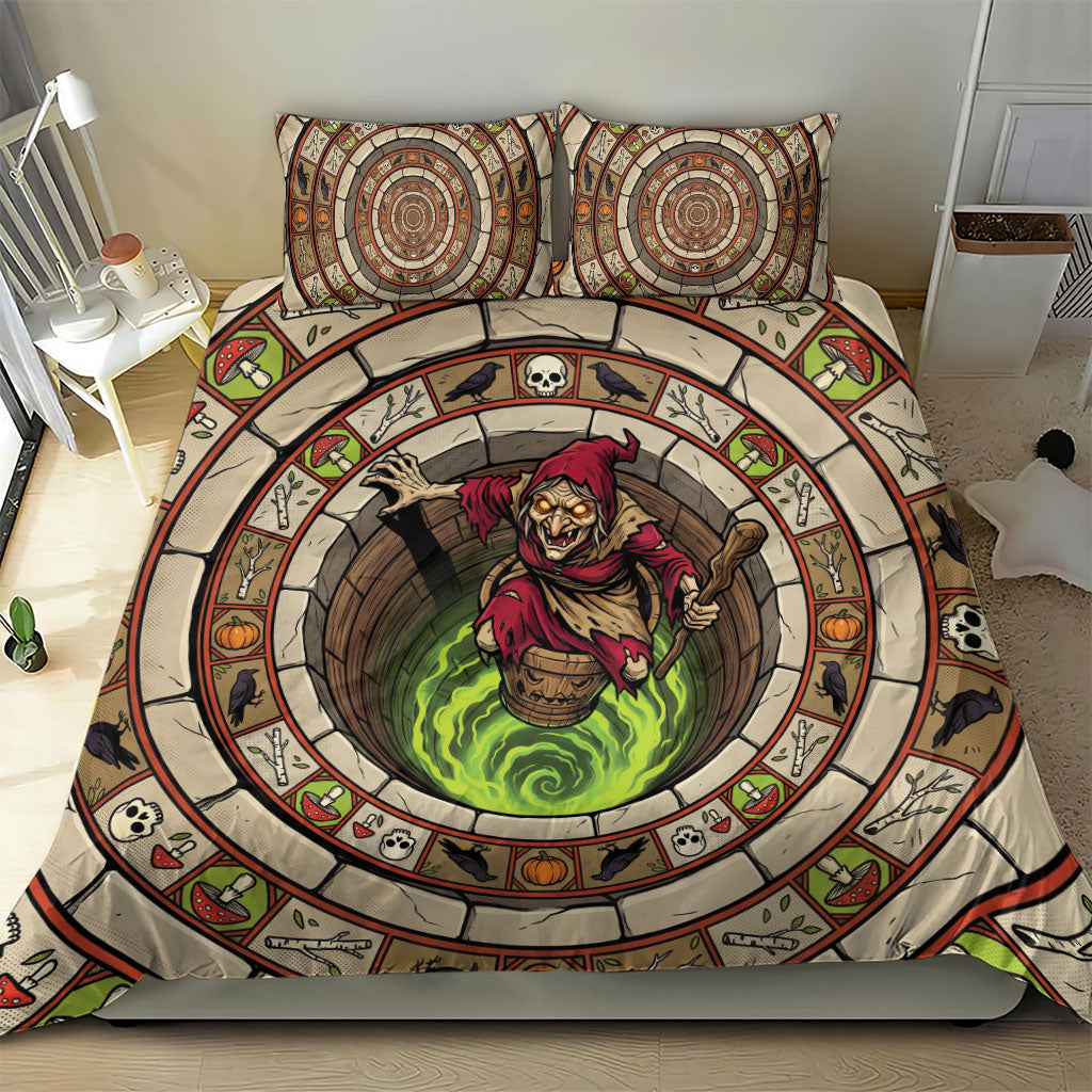 3D Illusion Baba Yaga Halloween Bedding Set Slavic Witch Flying Mortar Stone Well