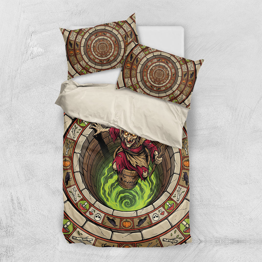 3D Illusion Baba Yaga Halloween Bedding Set Slavic Witch Flying Mortar Stone Well