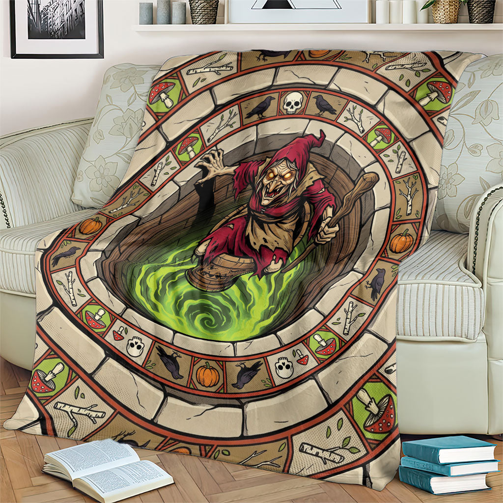 3D Illusion Baba Yaga Halloween Blanket Slavic Witch Flying Mortar Stone Well