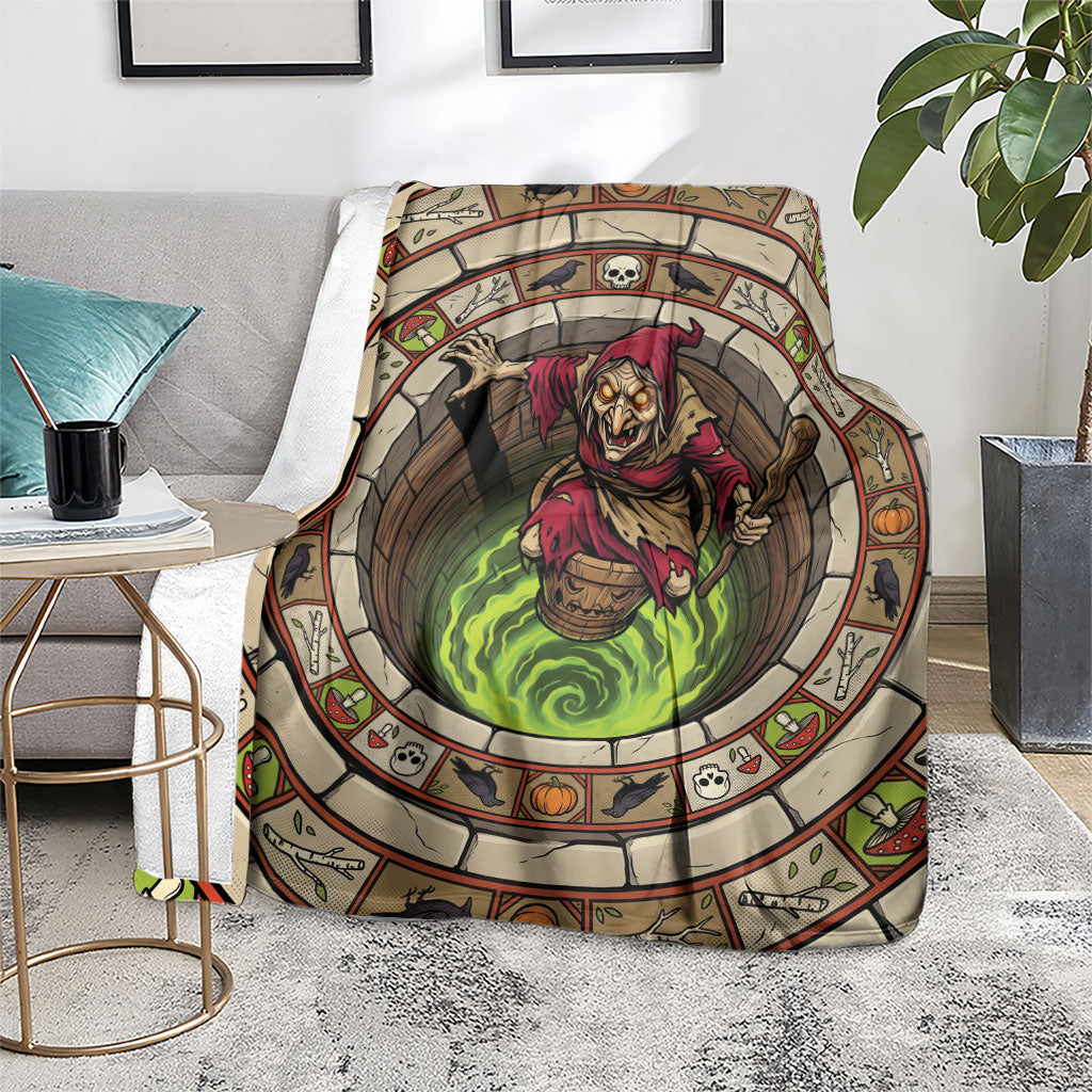 3D Illusion Baba Yaga Halloween Blanket Slavic Witch Flying Mortar Stone Well