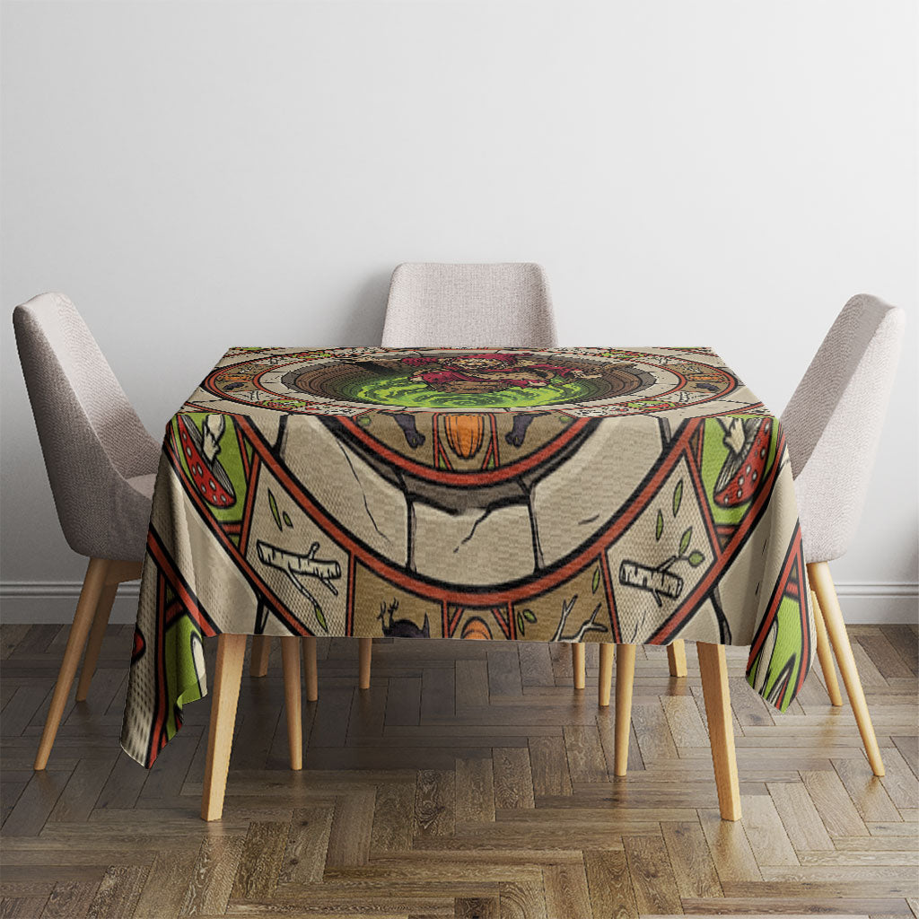 3D Illusion Baba Yaga Halloween Tablecloth Slavic Witch Flying Mortar Stone Well