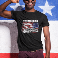 Men's black graphic T-shirt with Bubblehead logo and submarine American flag print