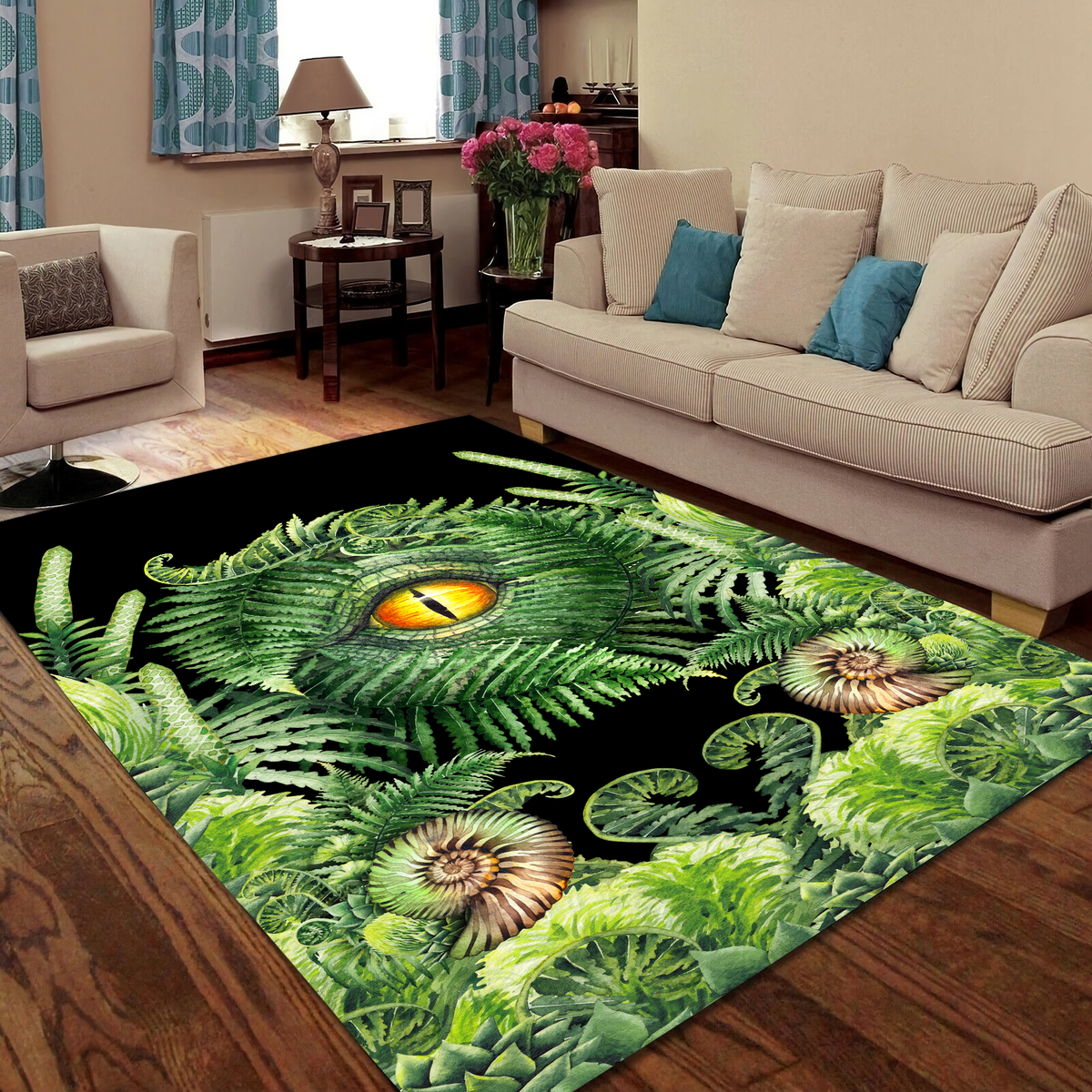 Green area rug with dinosaur eye and fern foliage pattern on black background