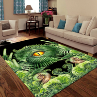 Green area rug with dinosaur eye and fern foliage pattern on black background