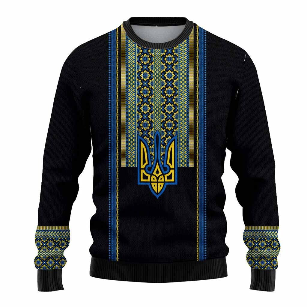 Black knitted sweatshirt with blue-yellow folk panel and trident emblem on front.