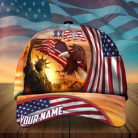 Patriotic baseball cap with USA, eagle, and liberty statue; red-white-blue stripe brim