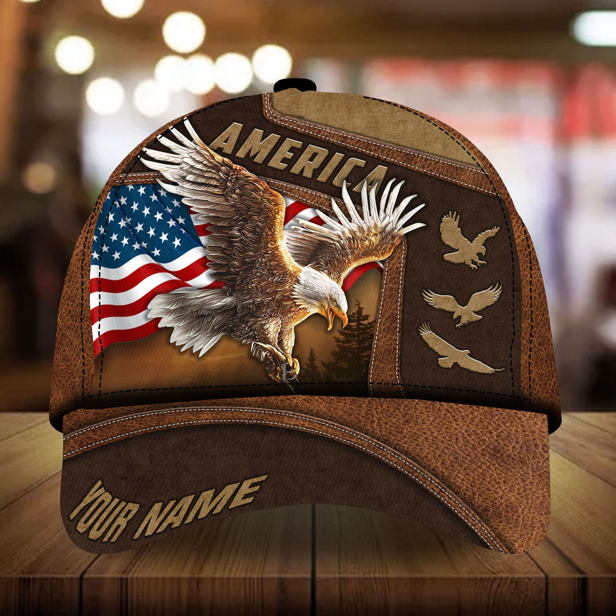 Brown leather baseball cap with embroidered American headline, bald eagle, and 'YOUR NAME'