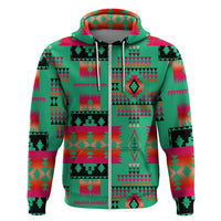 Green zip hoodie front with multicolor tribal geometric pattern and visible zipper placket