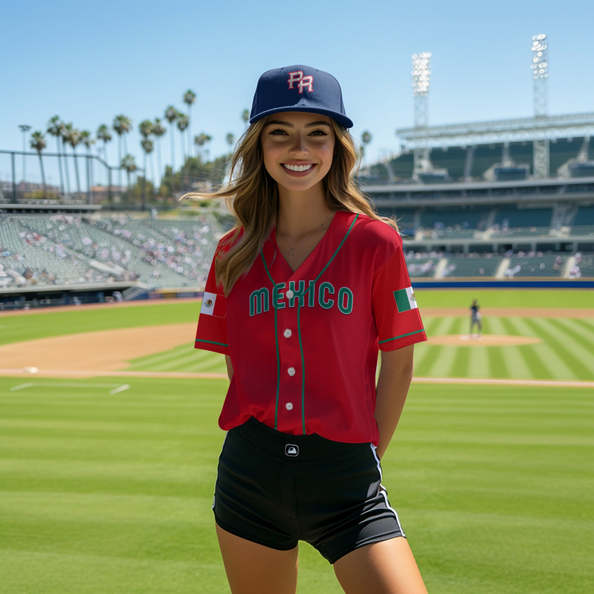 Red Mexico baseball jersey with green piping, button-front and chest "MEXICO" print