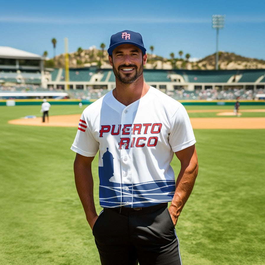 White Puerto Rico baseball jersey with button front and blue wave hem, short sleeves