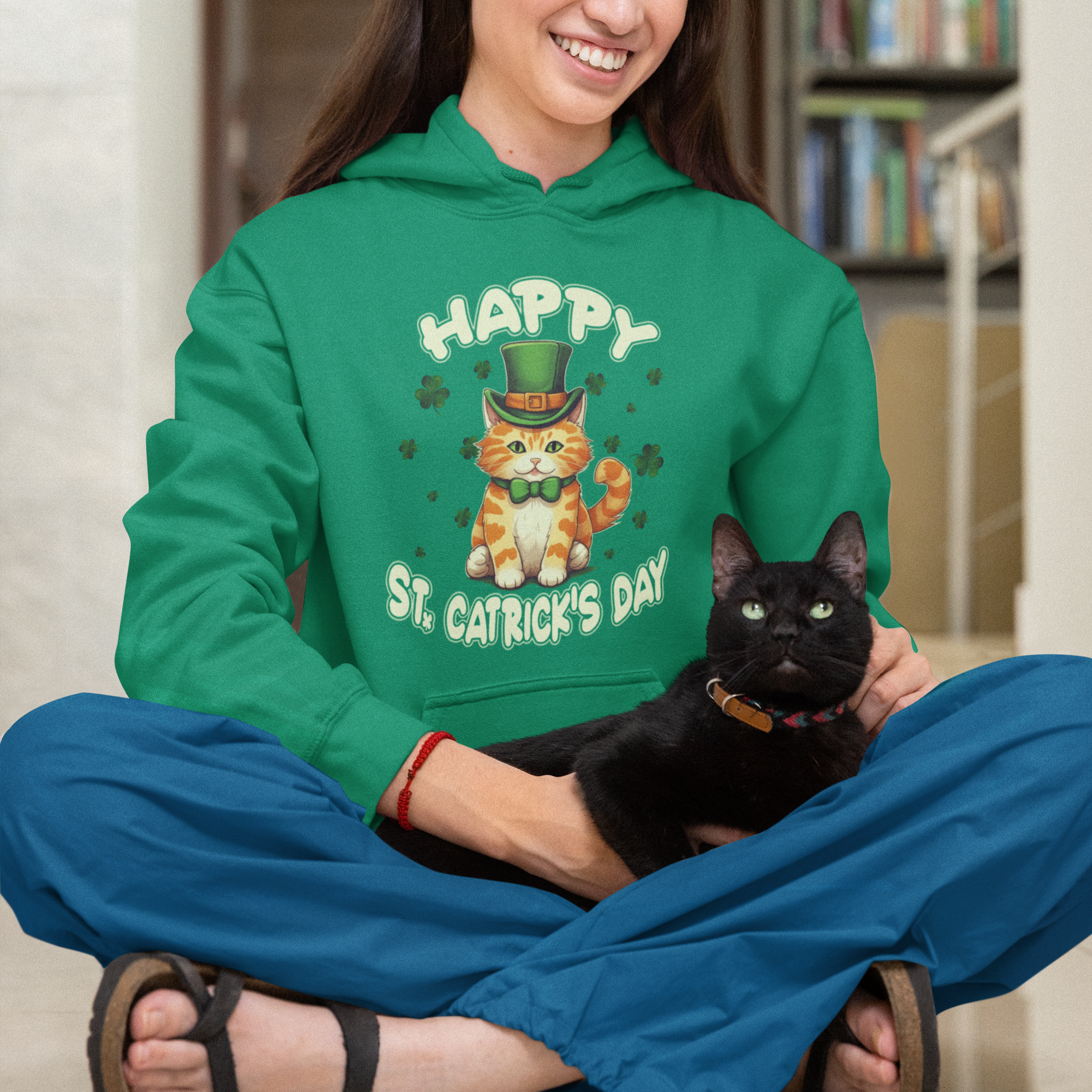 Happy St.Catrick's Patrick's Day Lucky Cat Shamrock Hoodie - Wonder Print Shop