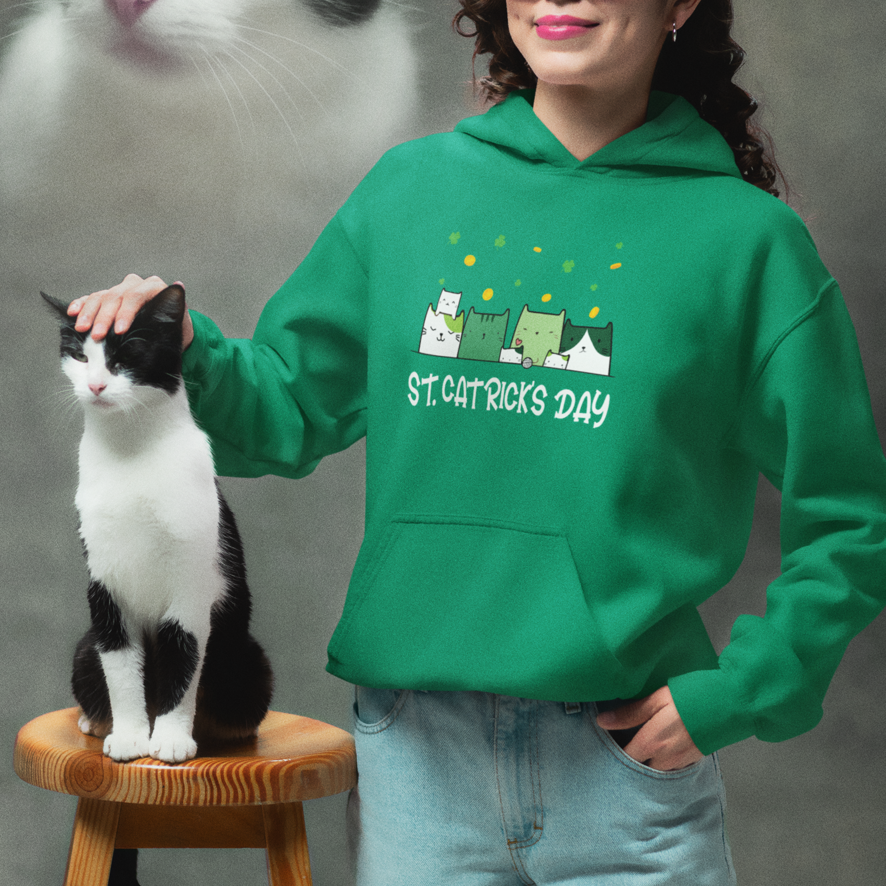 Happy St.Catrick's Patrick's Day Lucky Cat Shamrock Hoodie - Wonder Print Shop