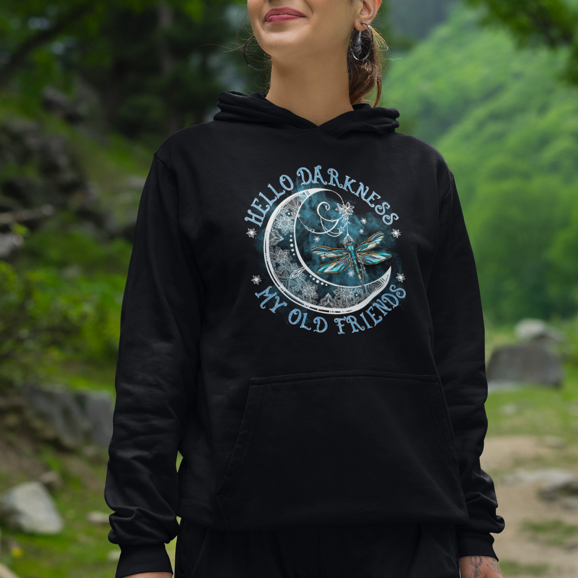 Dragonfly Hoodie Hello Darkness My Old Friend Sound Of Silence Moon and Dragonfly Mandala Mystic Peaceful Meditation Shirt for Women, Dragonfly T-shirt, Dragonfly Gift, Insect Lover Shirt - Wonder Print Shop