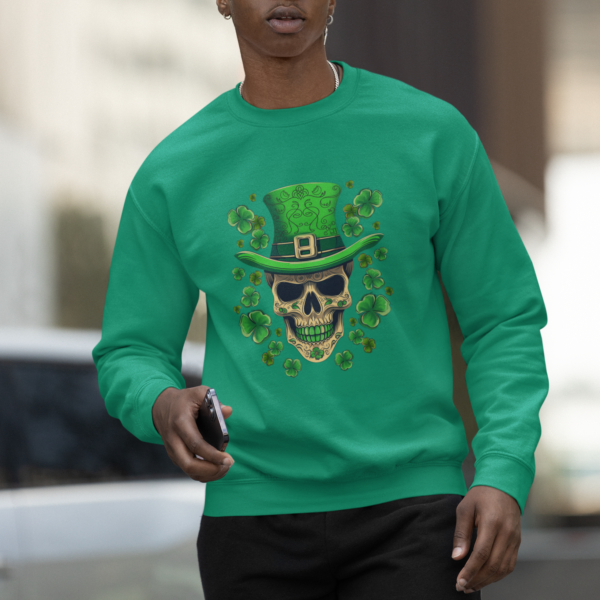 St. Patrick's Day Sweatshirt Irish Sugar Skull Lucky Hat Shamrocks - Wonder Print Shop