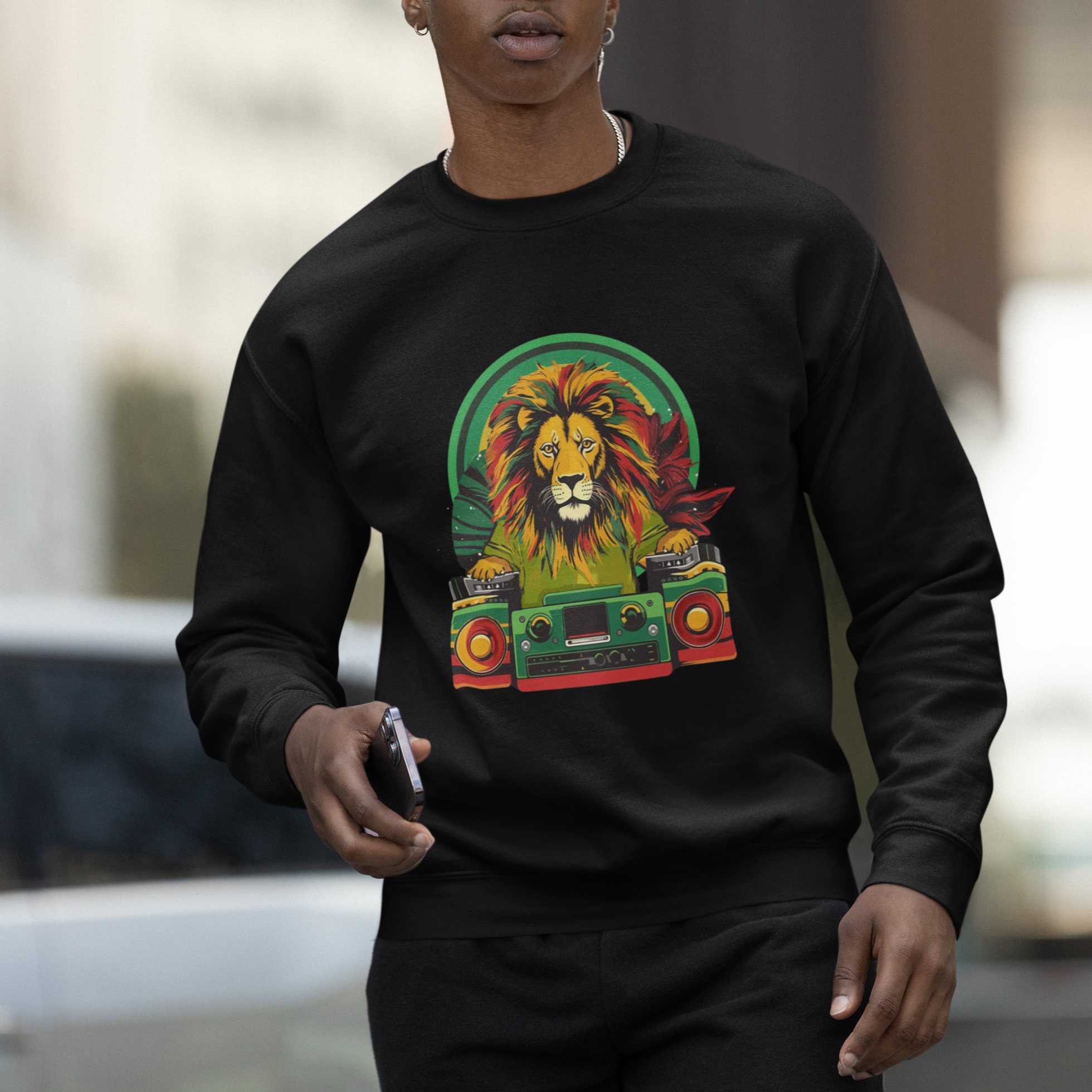 Rasta Reggae Music Headphones Jamaican Pride Lion Boombox Sweatshirt - Wonder Print Shop