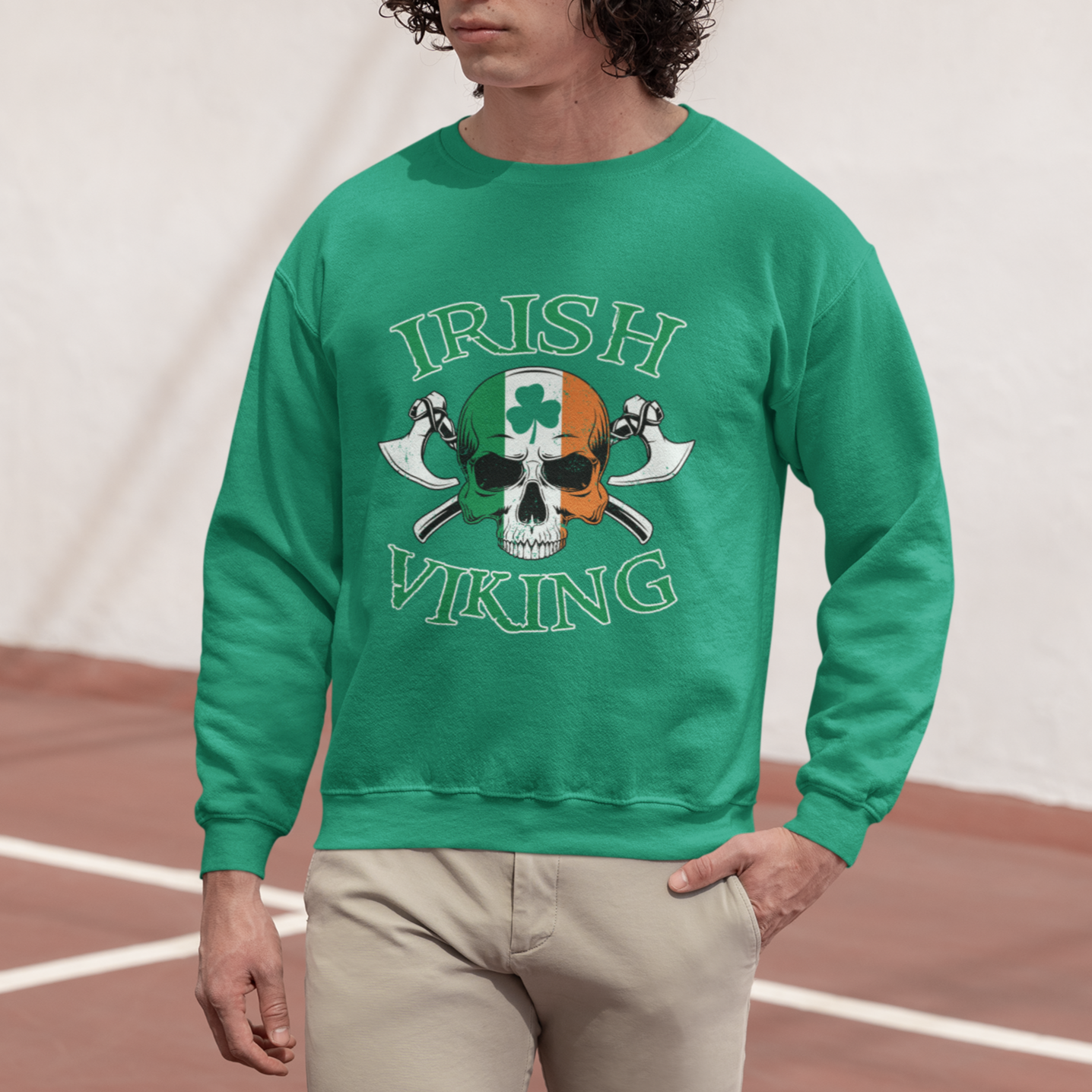 St. Patrick's Day Sweatshirt Irish Viking Skull Lucky Shamrocks Ireland Flag - Wonder Print Shop