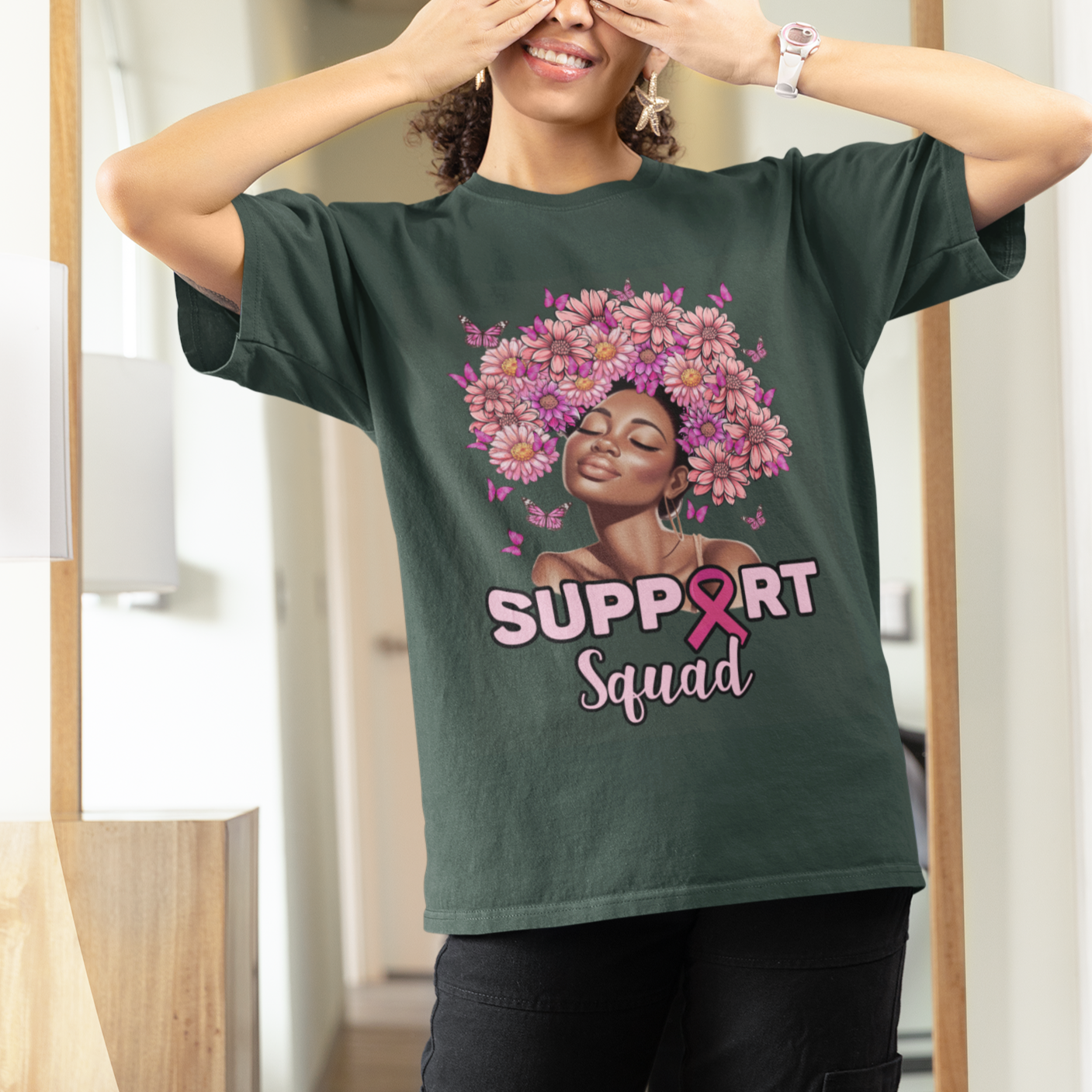 Breast Cancer Awareness T Shirt Support Squad Black Afro Women Pink Ribbon Sunflower - Wonder Print Shop