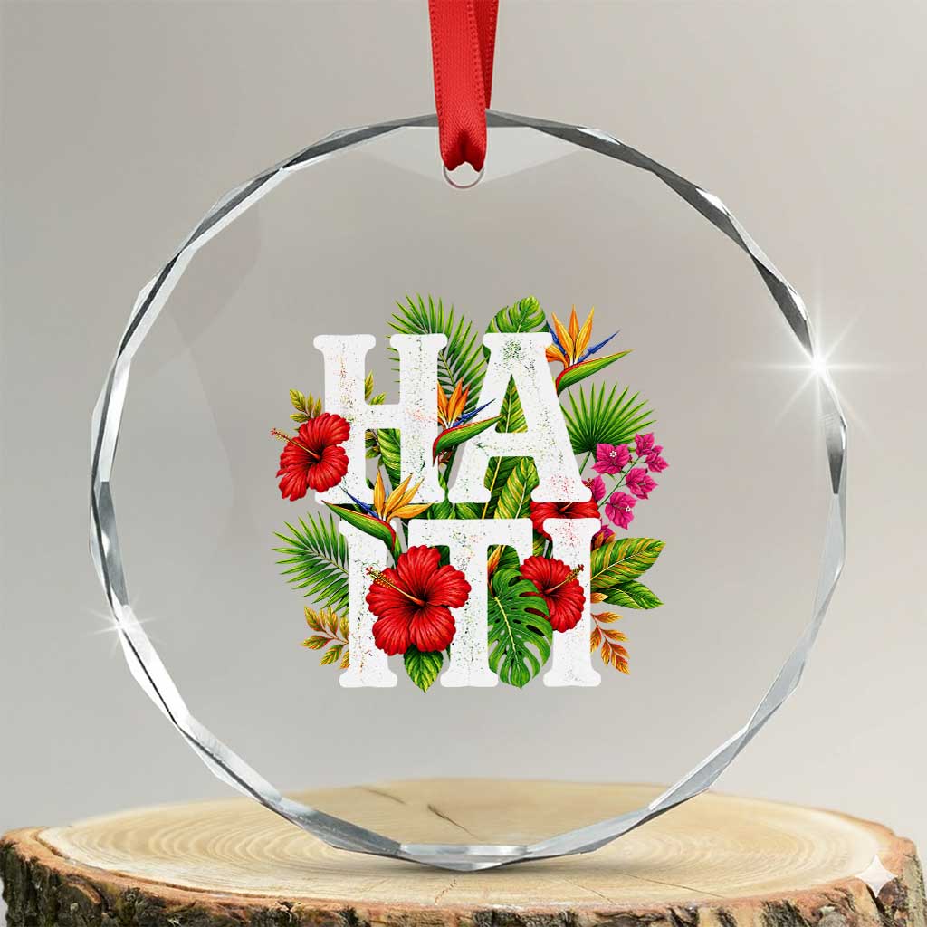 Haiti Tropical Floral Hibiscus Palm Leaves Island Graphic Crystal Glass Ornament Haitian Heritage Pride