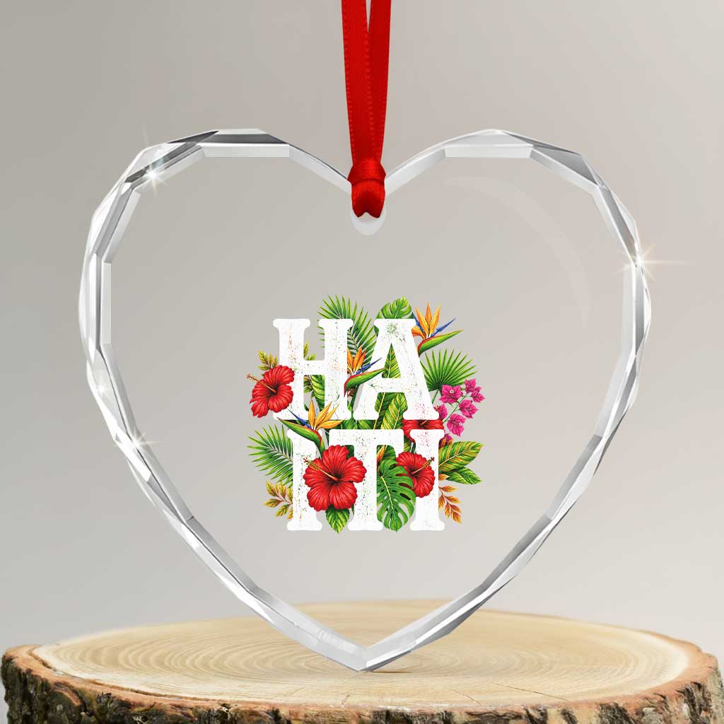 Haiti Tropical Floral Hibiscus Palm Leaves Island Graphic Heart Crystal Glass Ornament Haitian Heritage Pride