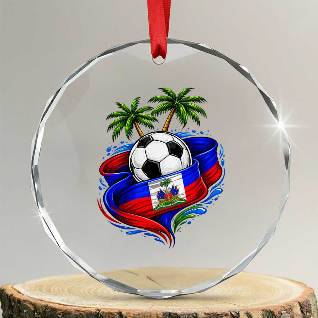 Haitian Flag Soccer Ball Graphic Crystal Glass Ornament Tropical Palm Trees Caribbean Haiti Football Fans Pride